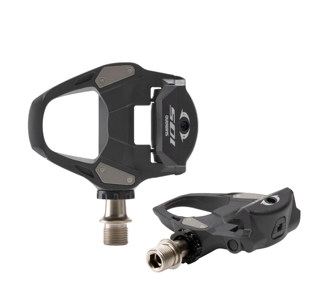 Black bicycle pedals with a visible brand logo on a white background